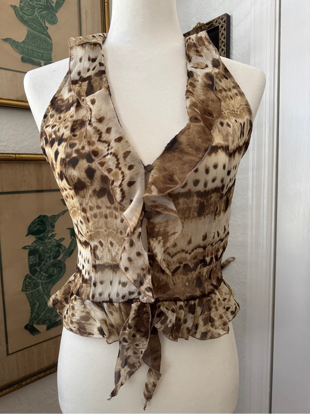 Zara Brown Animal / Abstract Print Ruffle Sleeveless Peplum Blouse Size S